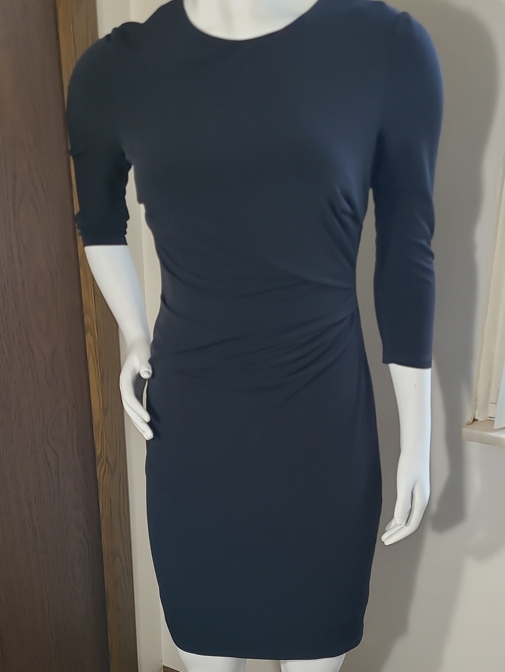 Vince Camuto Black Midi Sheath Dress with Side Ruching